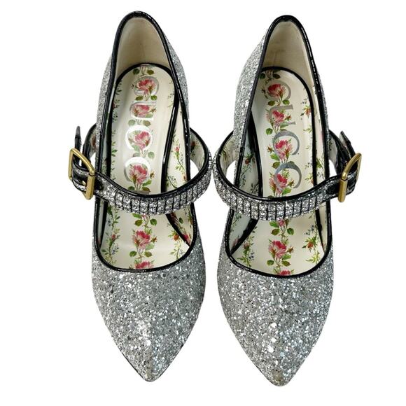 GUCCI Sylvie Silver Glitter Crystal Maryjane Pumps - Picture 2 of 11